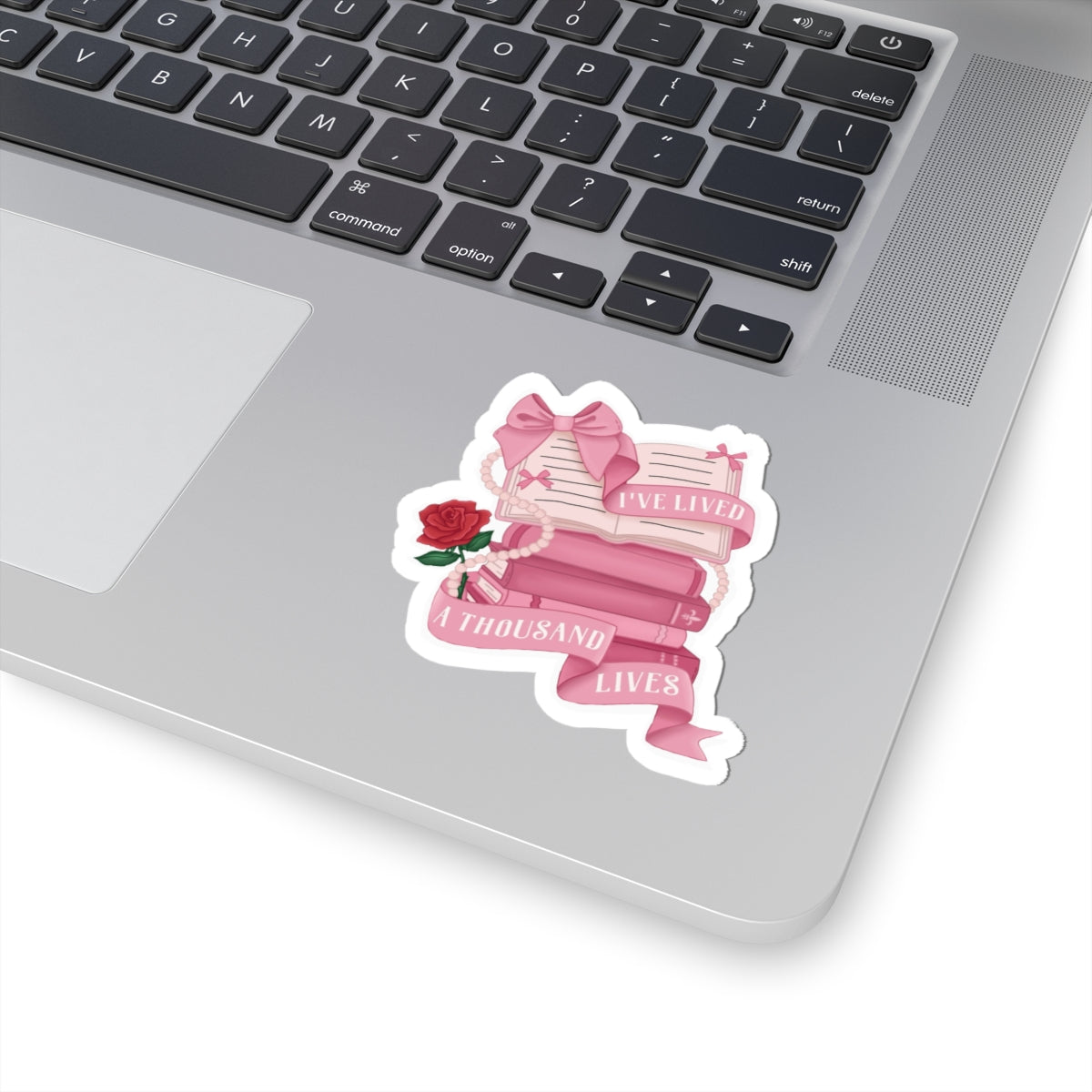 Book Lover Sticker Pink Stack with Rose & “I’ve Lived a Thousand Lives” Ribbon Decal