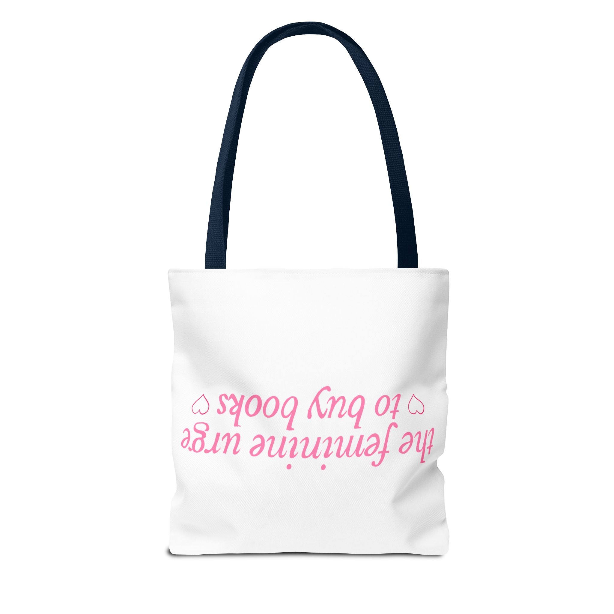 Book Lover Tote Bag — “the feminine urge to buy books” Pink Script