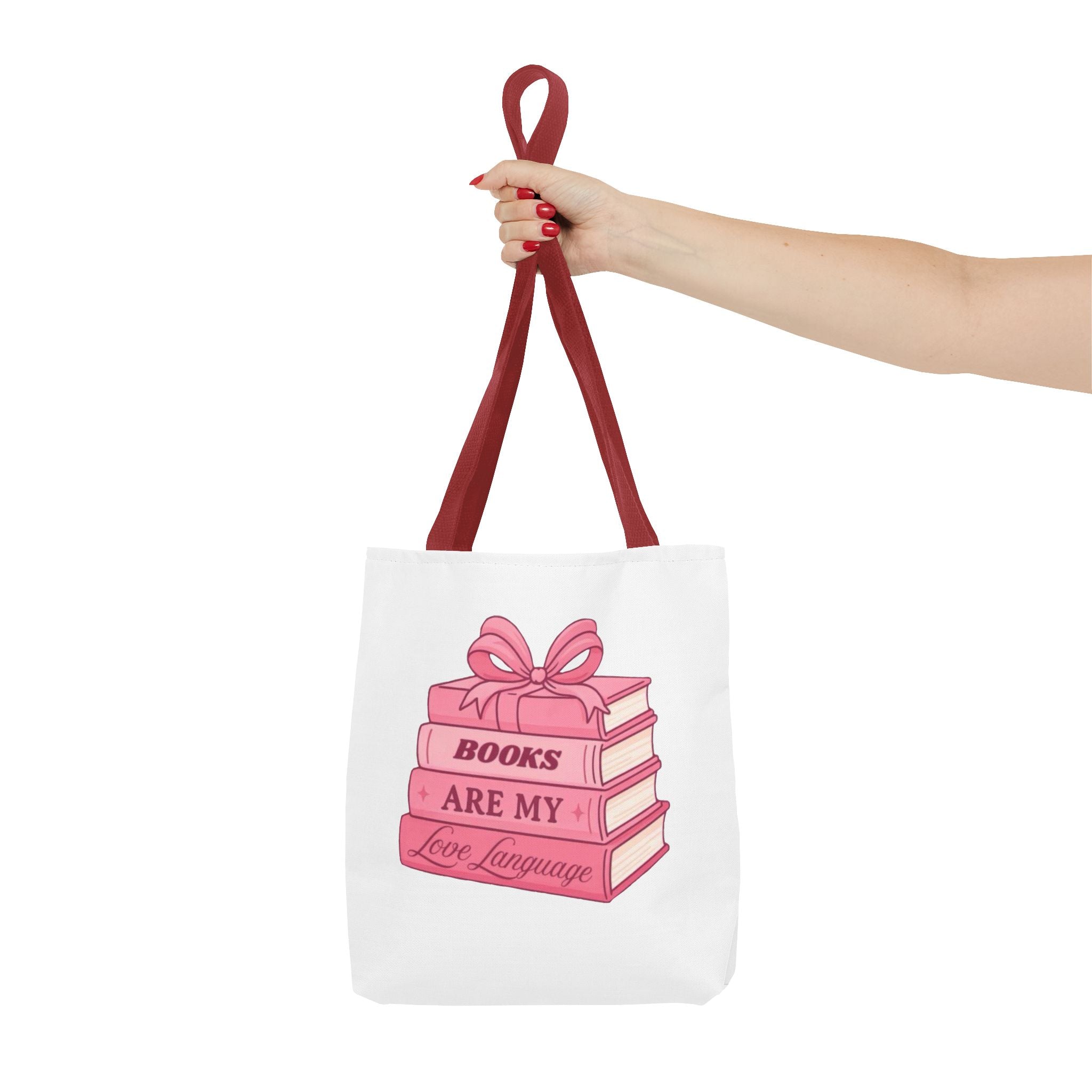 Books Are My Love Language Tote Bag — Cute Pink Stack of Books AOP Tote