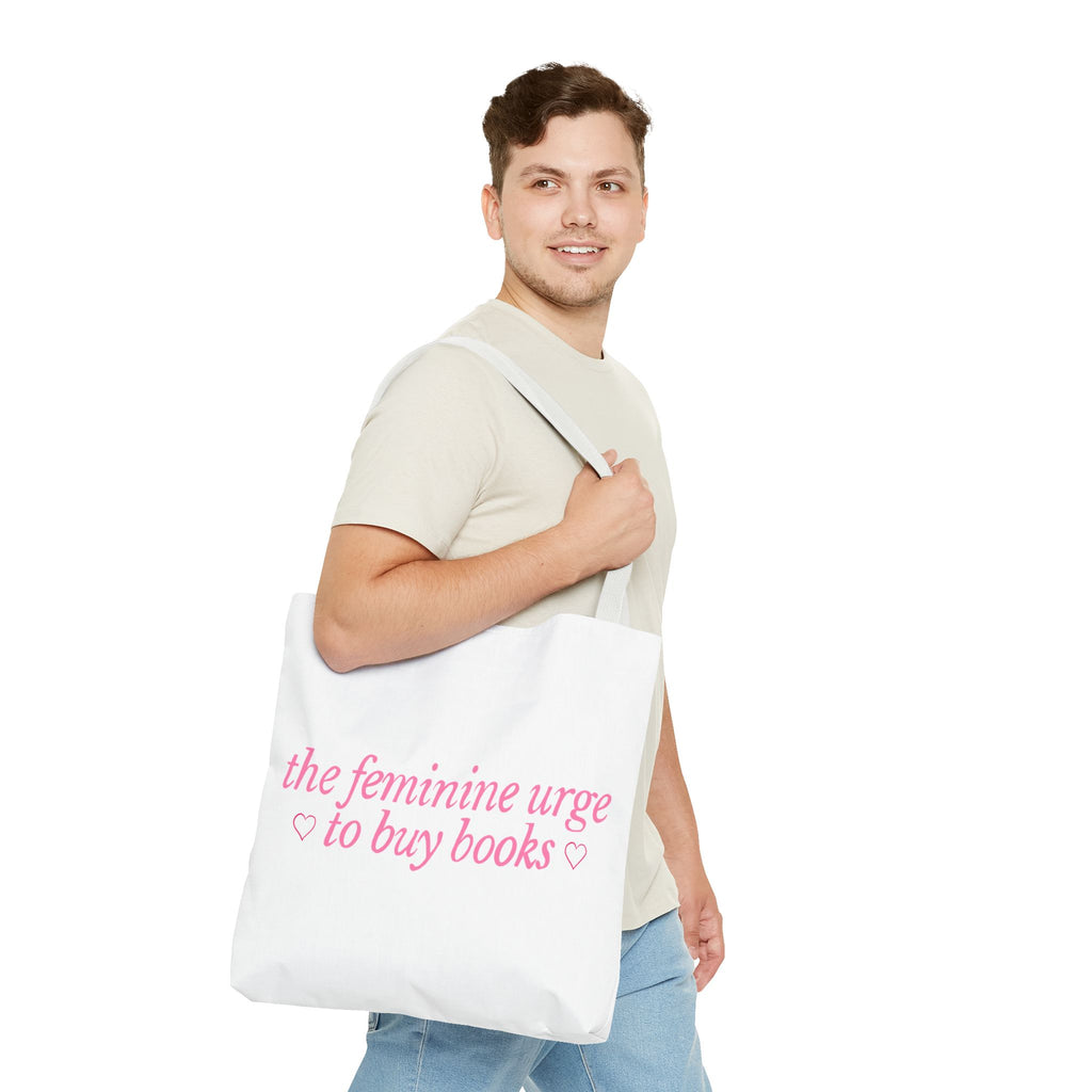 Book Lover Tote Bag — “the feminine urge to buy books” Pink Script