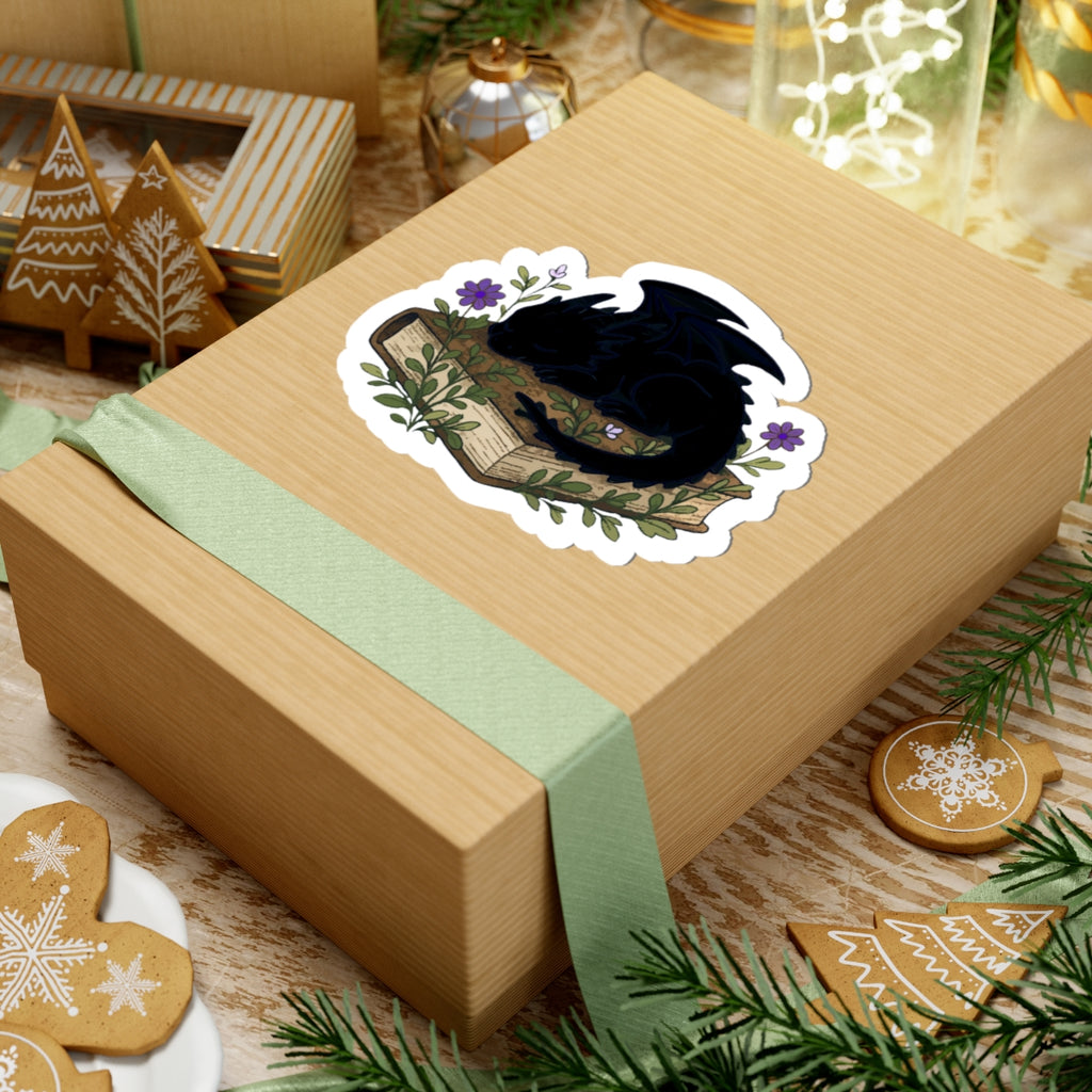 Dragon on book Sticker — Cute Sleeping Black Dragon Sticker for Laptops & Journals