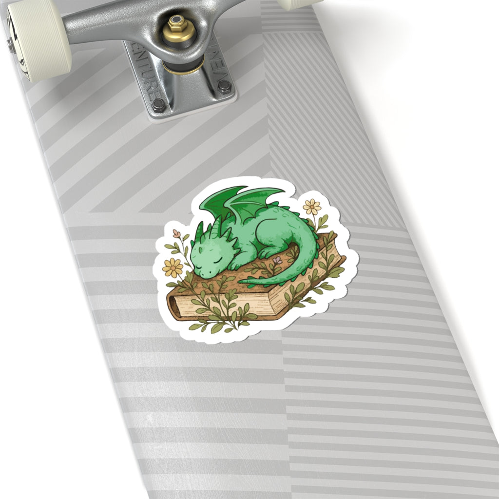 Sleeping Dragon Sticker — Cute Green Dragon on Vintage Book Sticker