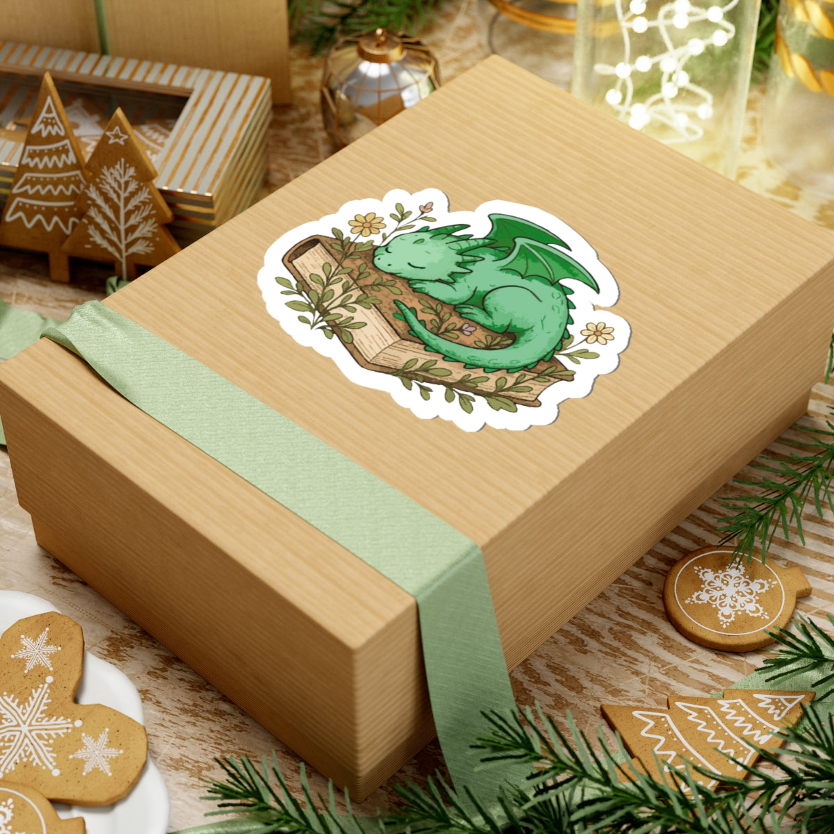 Sleeping Dragon Sticker — Cute Green Dragon on Vintage Book Sticker