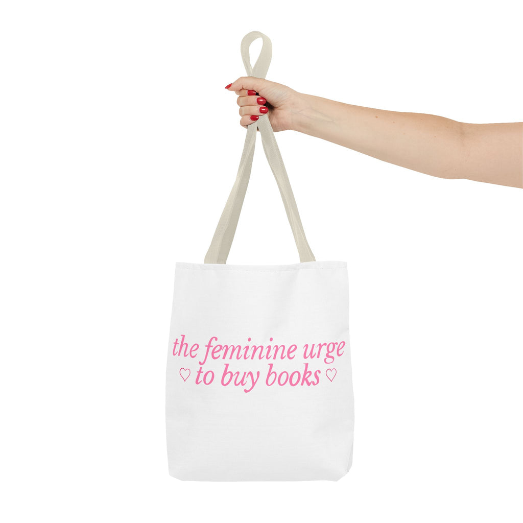 Book Lover Tote Bag — “the feminine urge to buy books” Pink Script