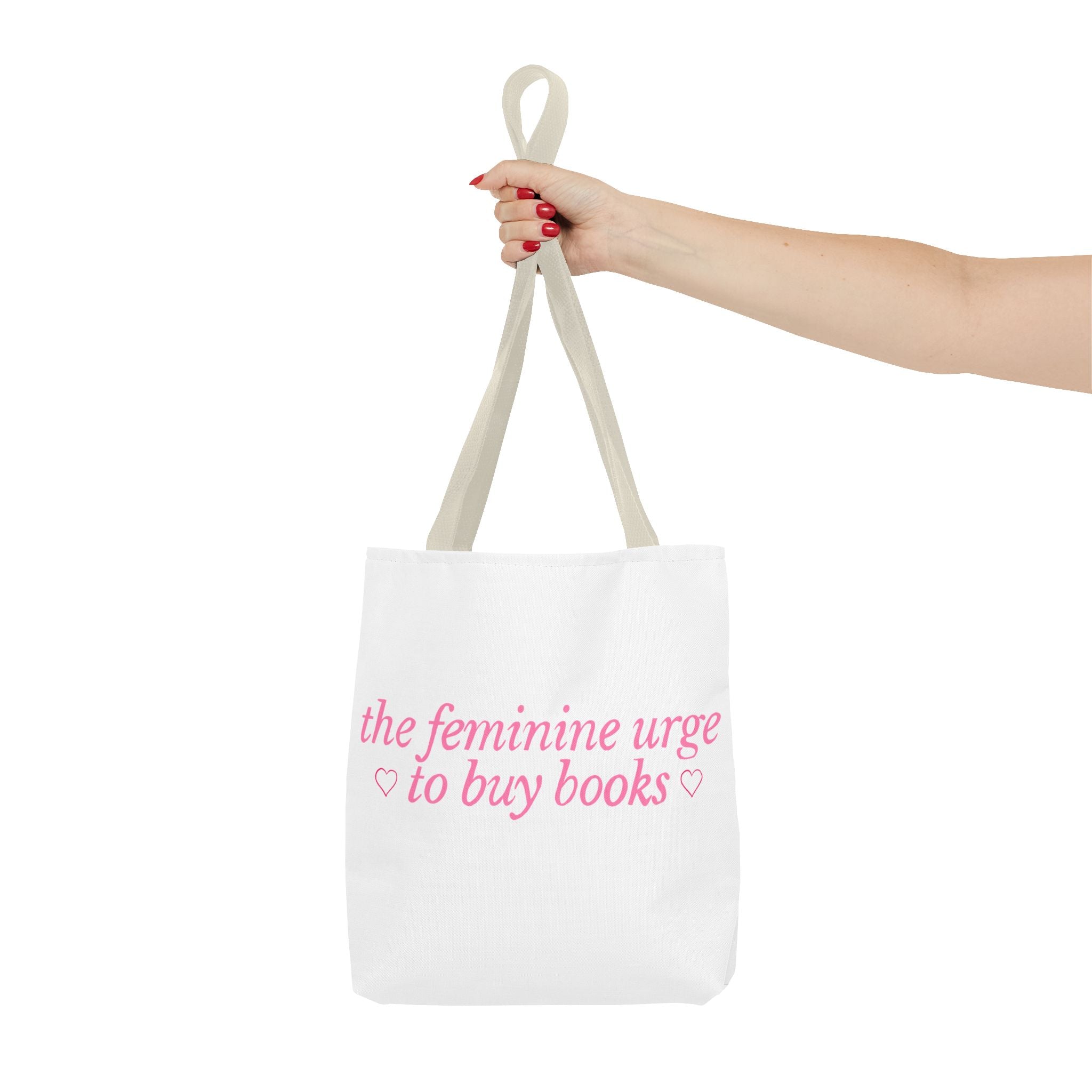 Book Lover Tote Bag — “the feminine urge to buy books” Pink Script