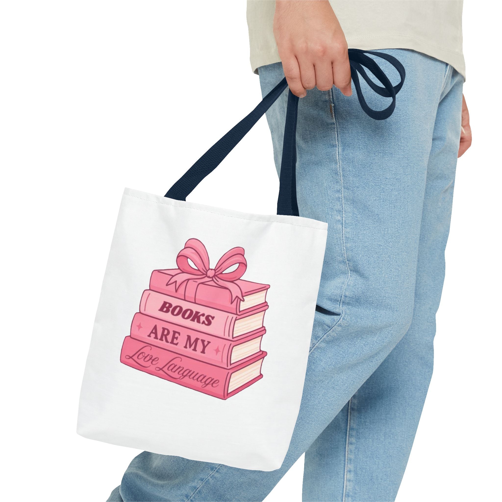 Books Are My Love Language Tote Bag — Cute Pink Stack of Books AOP Tote