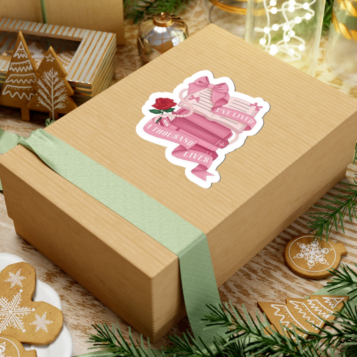 Book Lover Sticker Pink Stack with Rose & “I’ve Lived a Thousand Lives” Ribbon Decal