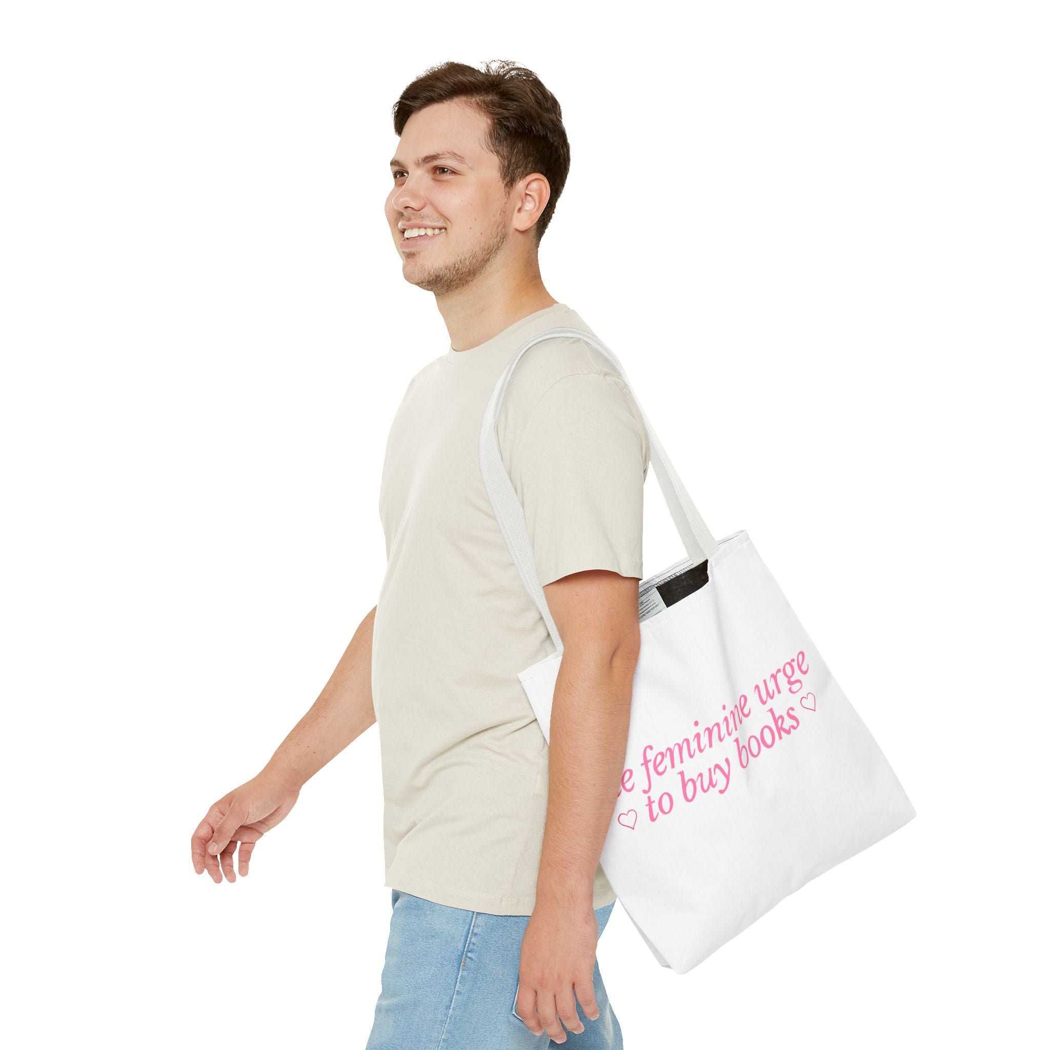 Book Lover Tote Bag — “the feminine urge to buy books” Pink Script