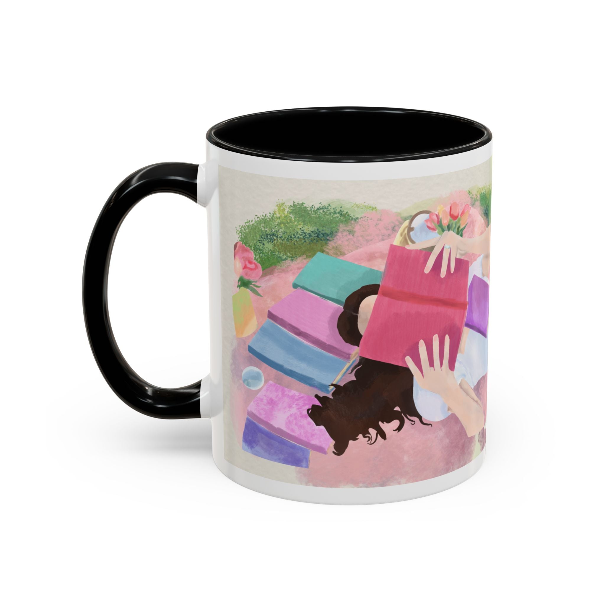 Pastel Floral Accent Coffee Mug — "Mchalie Creates" Artist Logo