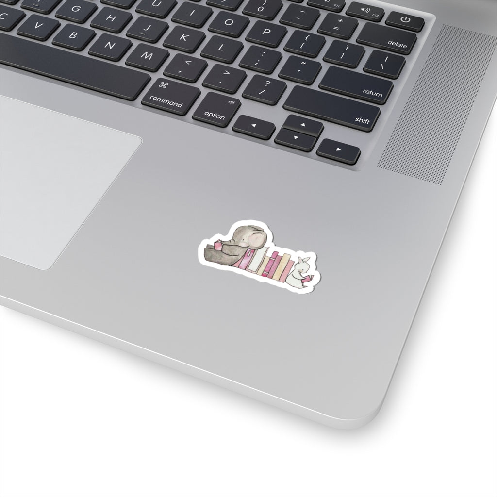 Cute Elephant & Bunny Reading Bookstack Sticker — Watercolor Kids Laptop Decal