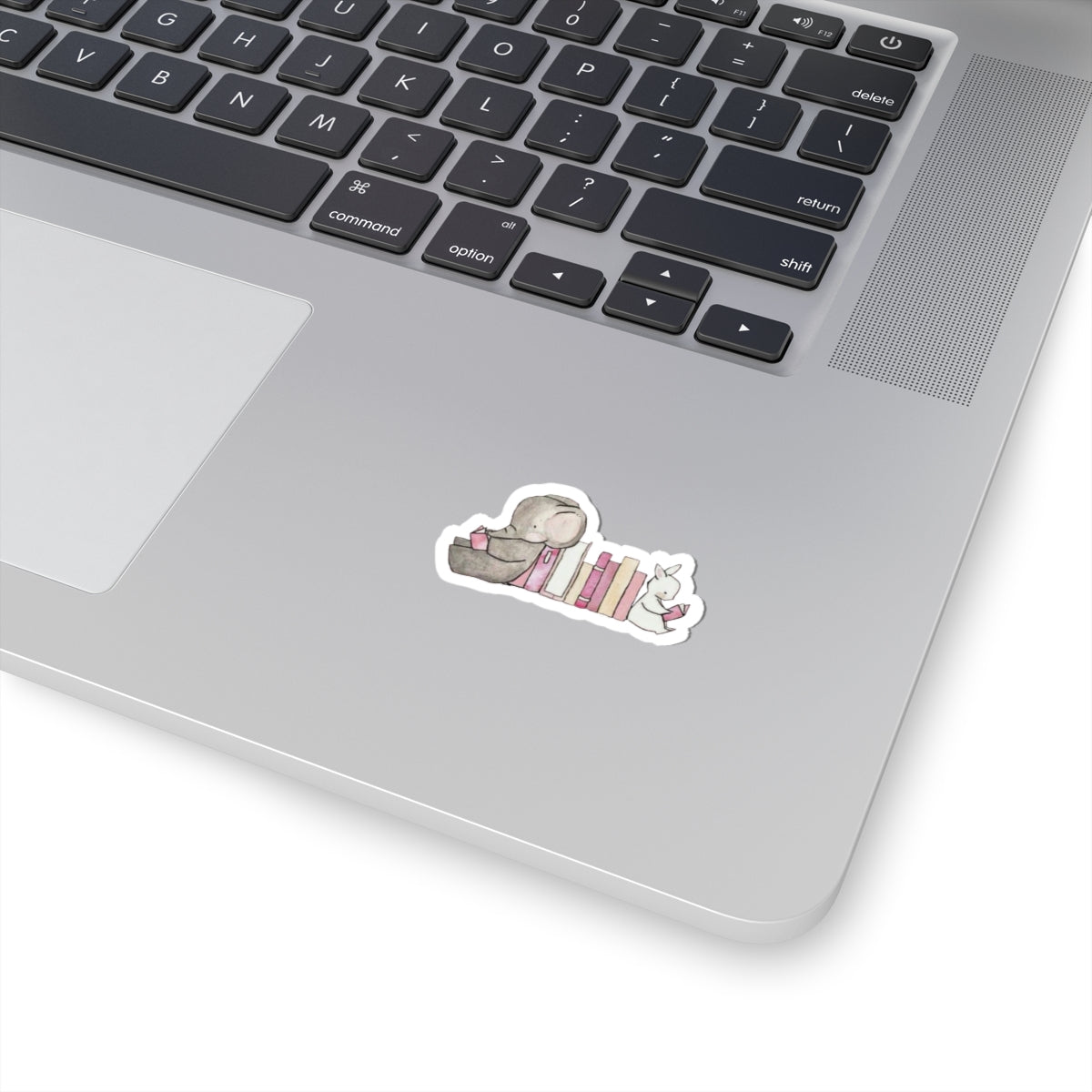 Cute Elephant & Bunny Reading Bookstack Sticker — Watercolor Kids Laptop Decal