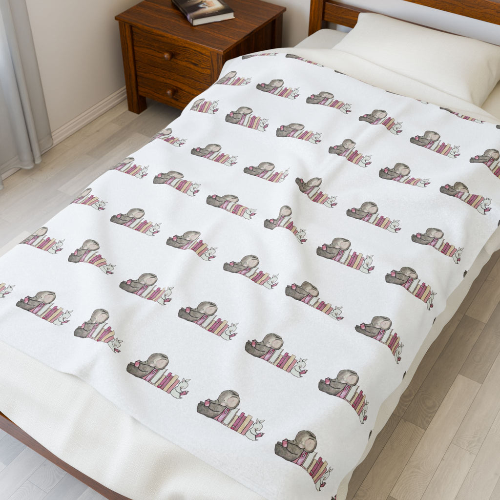 Plush Reading Elephant Velveteen Blanket – Cozy Nursery Throw for Kids & Book Lovers