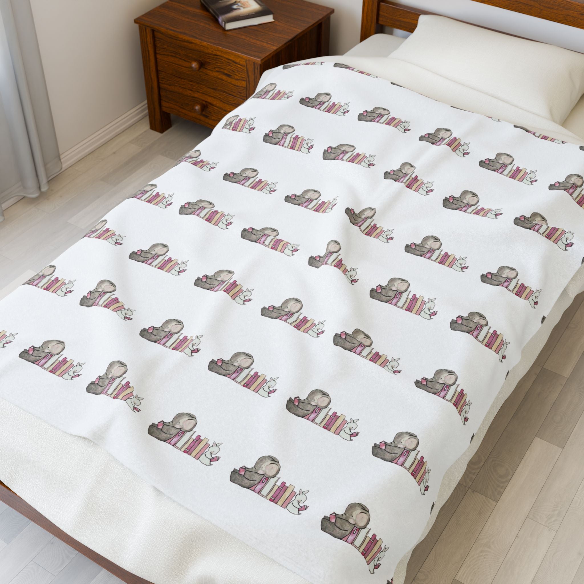 Plush Reading Elephant Velveteen Blanket – Cozy Nursery Throw for Kids & Book Lovers