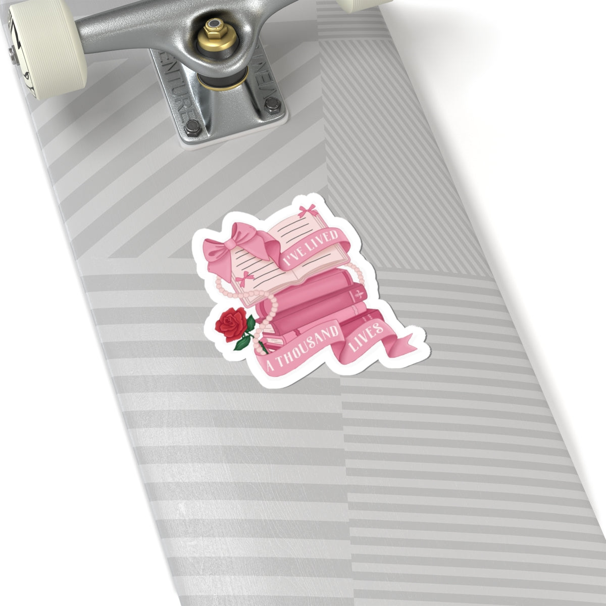 Book Lover Sticker Pink Stack with Rose & “I’ve Lived a Thousand Lives” Ribbon Decal
