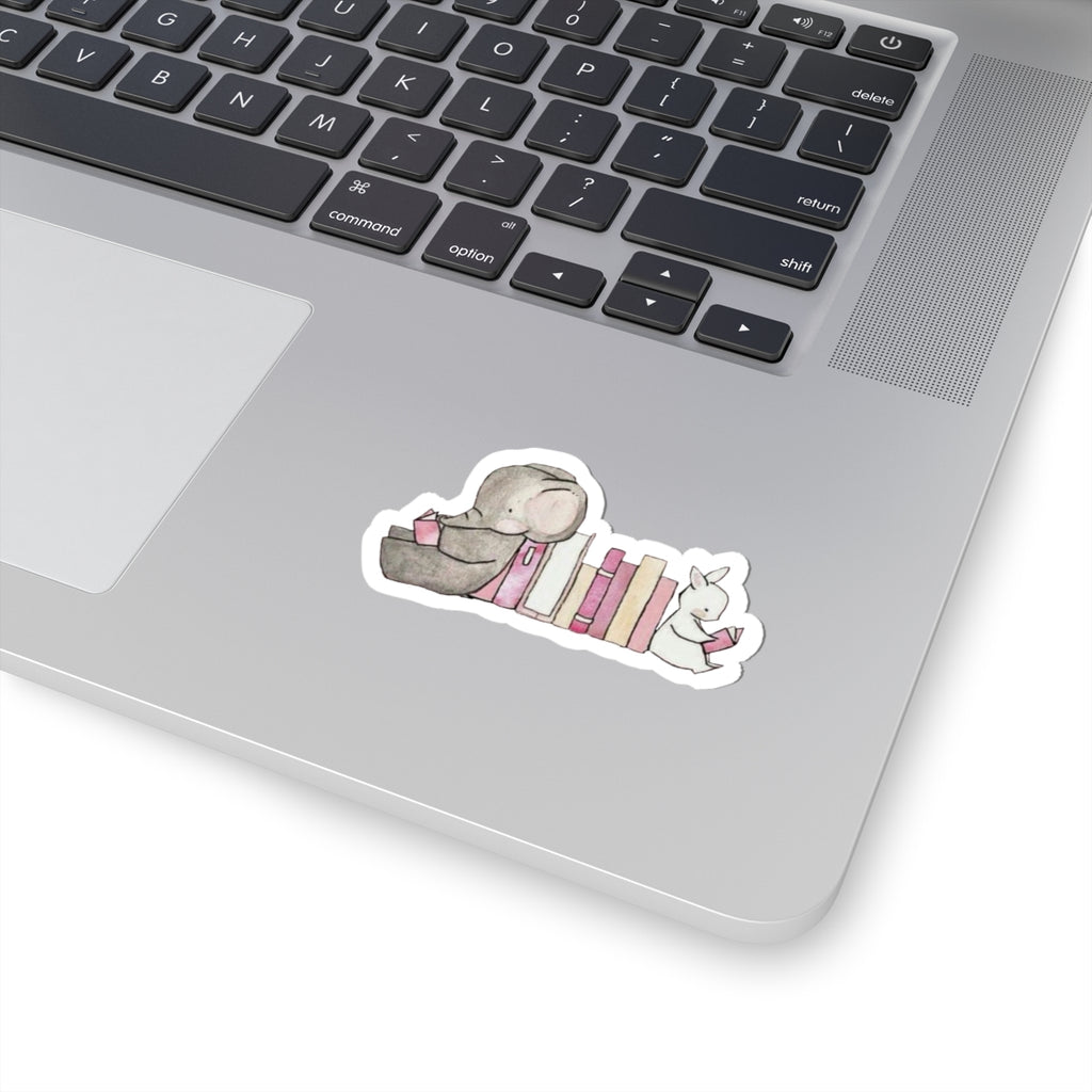 Cute Elephant & Bunny Reading Bookstack Sticker — Watercolor Kids Laptop Decal