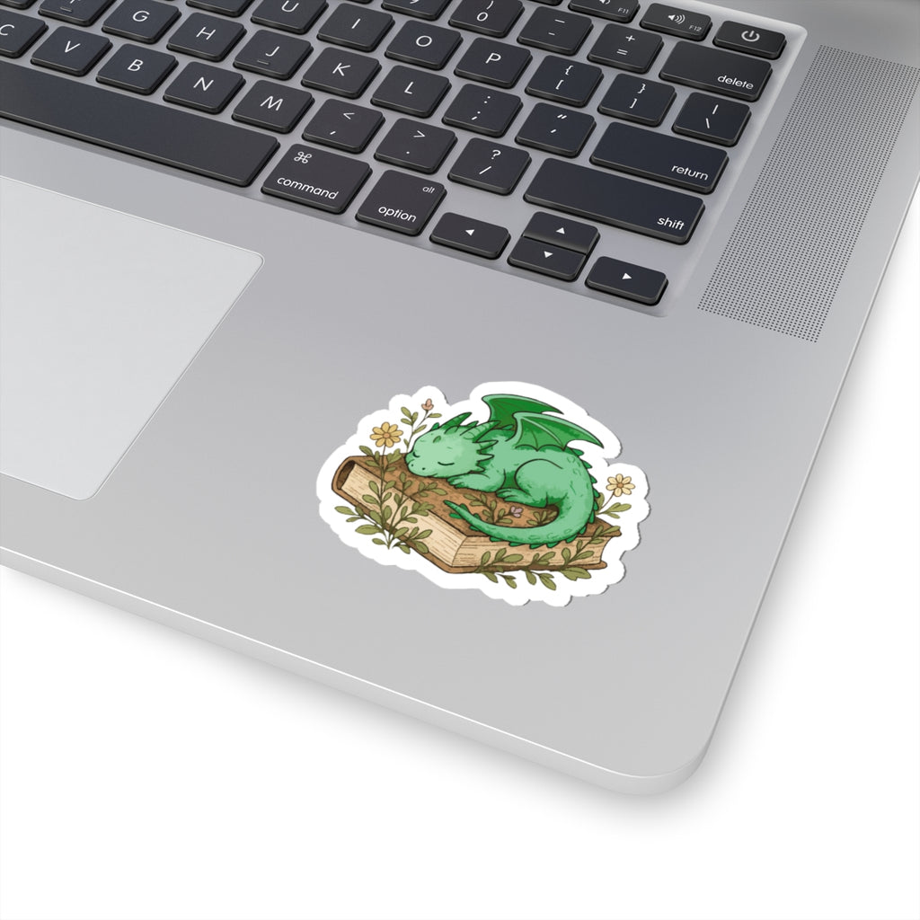 Sleeping Dragon Sticker — Cute Green Dragon on Vintage Book Sticker