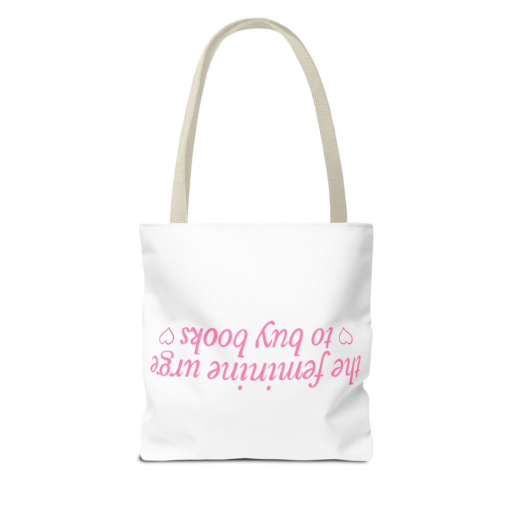 Book Lover Tote Bag — “the feminine urge to buy books” Pink Script