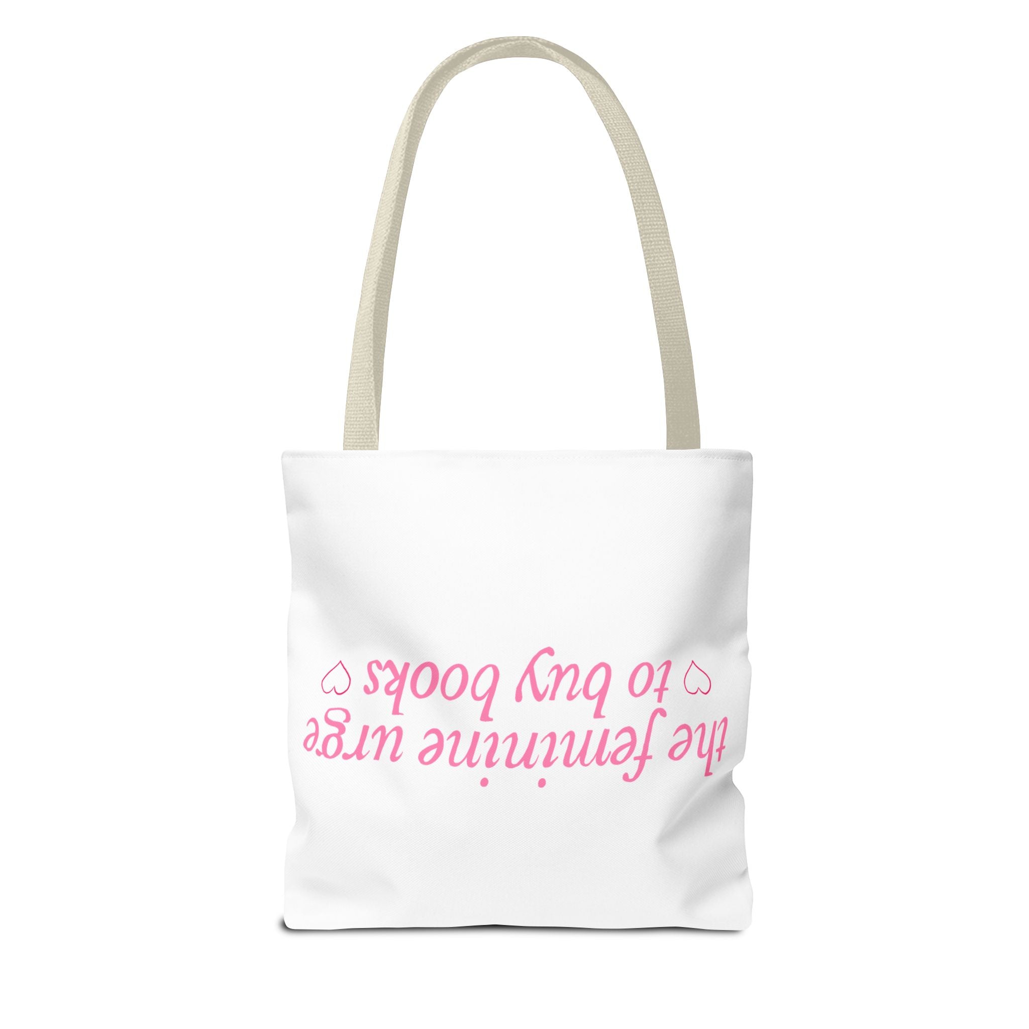 Book Lover Tote Bag — “the feminine urge to buy books” Pink Script