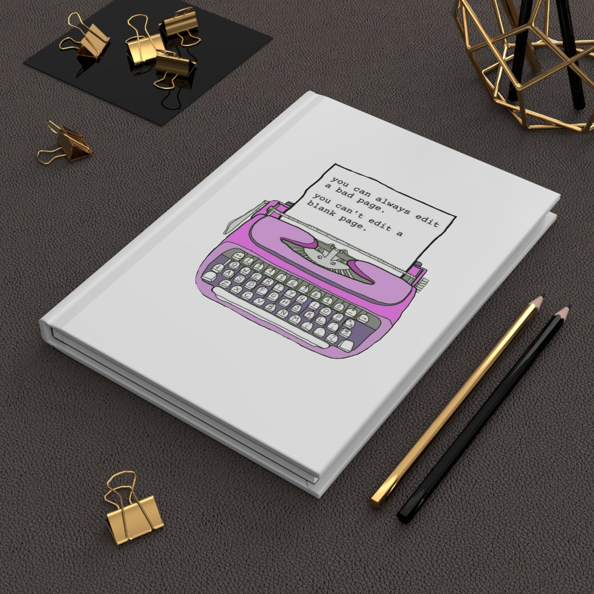 Hardcover Journal — Retro Pink Typewriter "You can always edit a bad page" Notebook