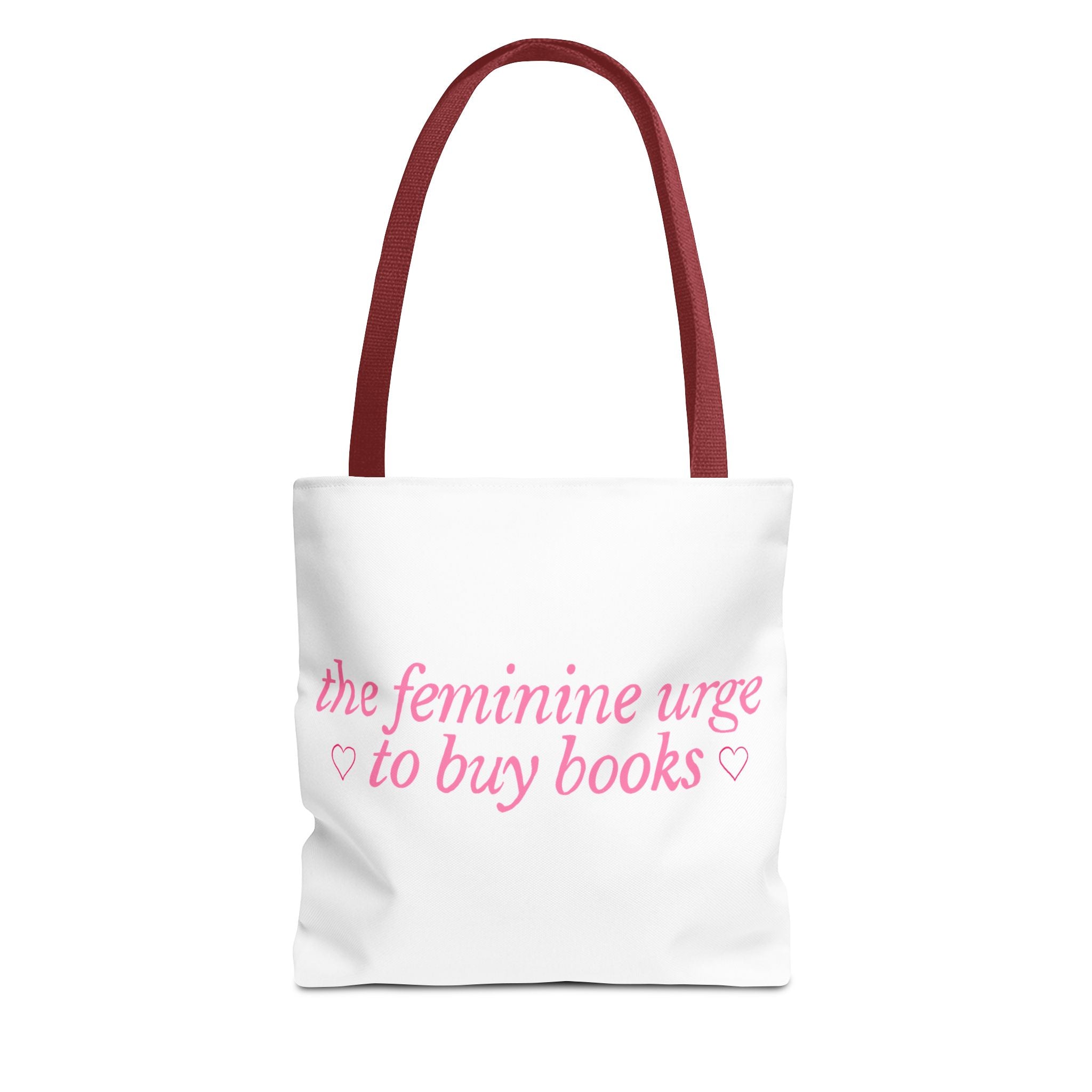 Book Lover Tote Bag — “the feminine urge to buy books” Pink Script