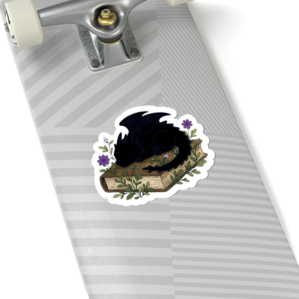 Dragon on book Sticker — Cute Sleeping Black Dragon Sticker for Laptops & Journals