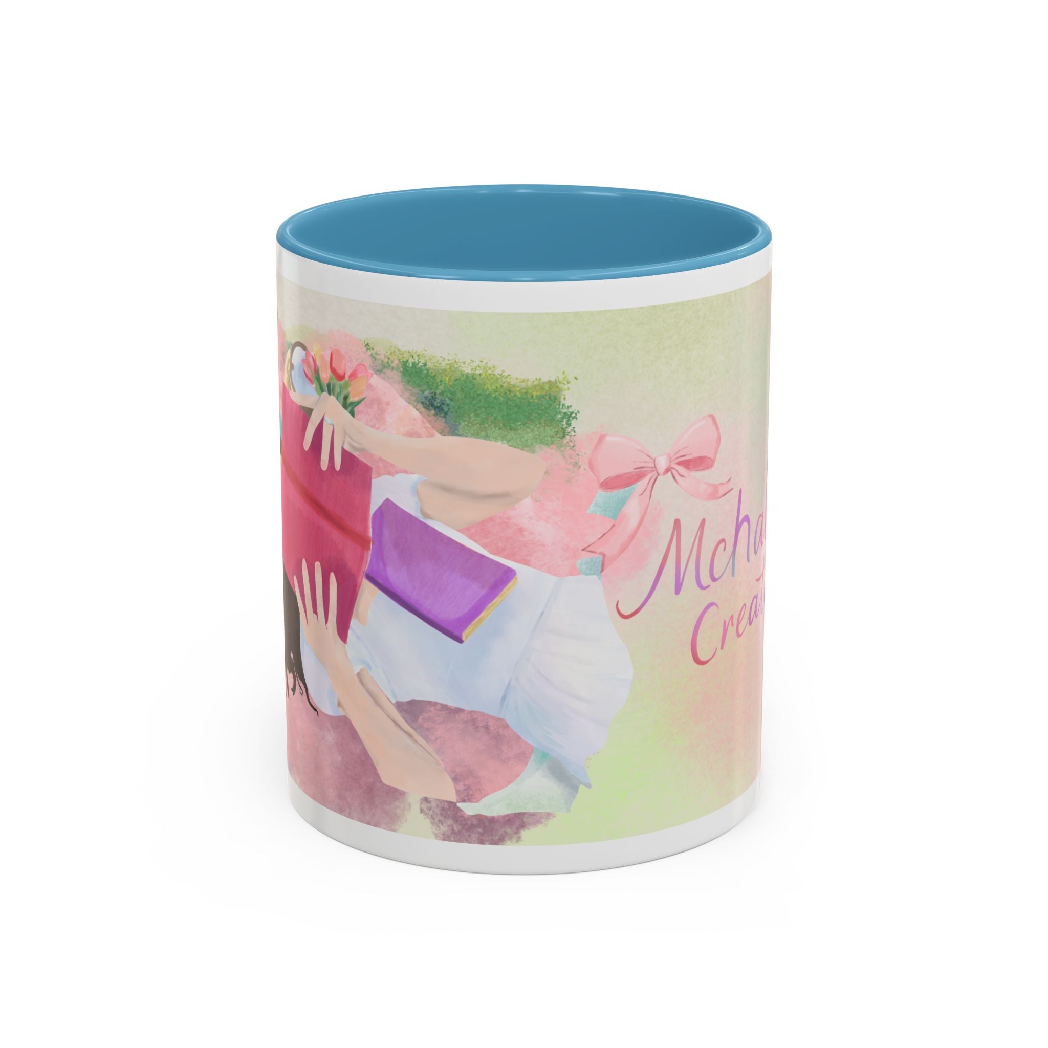 Pastel Floral Accent Coffee Mug — "Mchalie Creates" Artist Logo