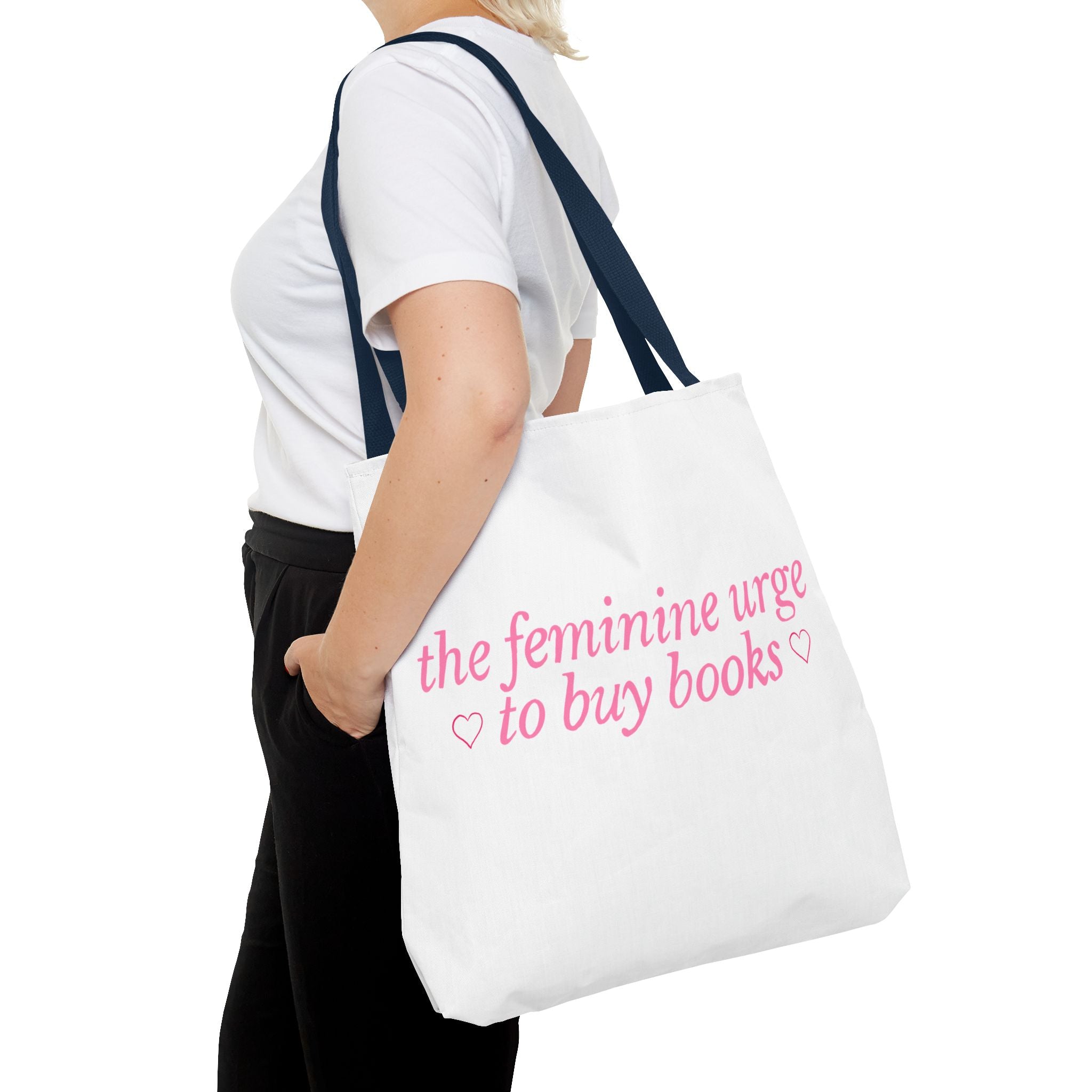 Book Lover Tote Bag — “the feminine urge to buy books” Pink Script