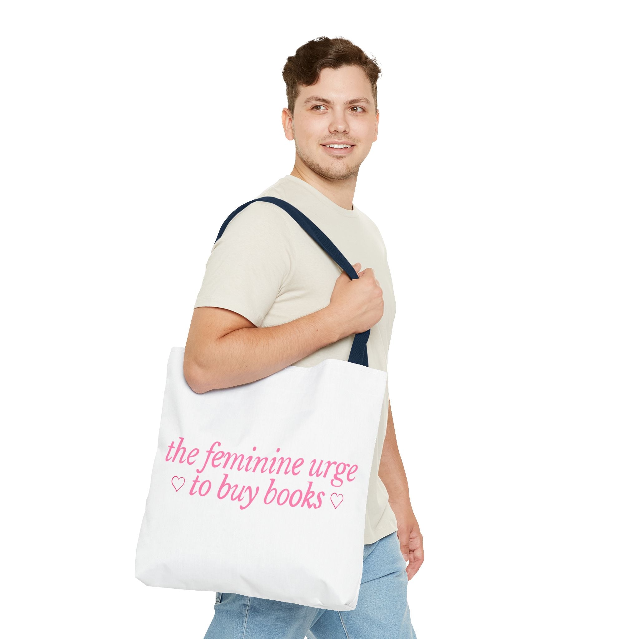 Book Lover Tote Bag — “the feminine urge to buy books” Pink Script
