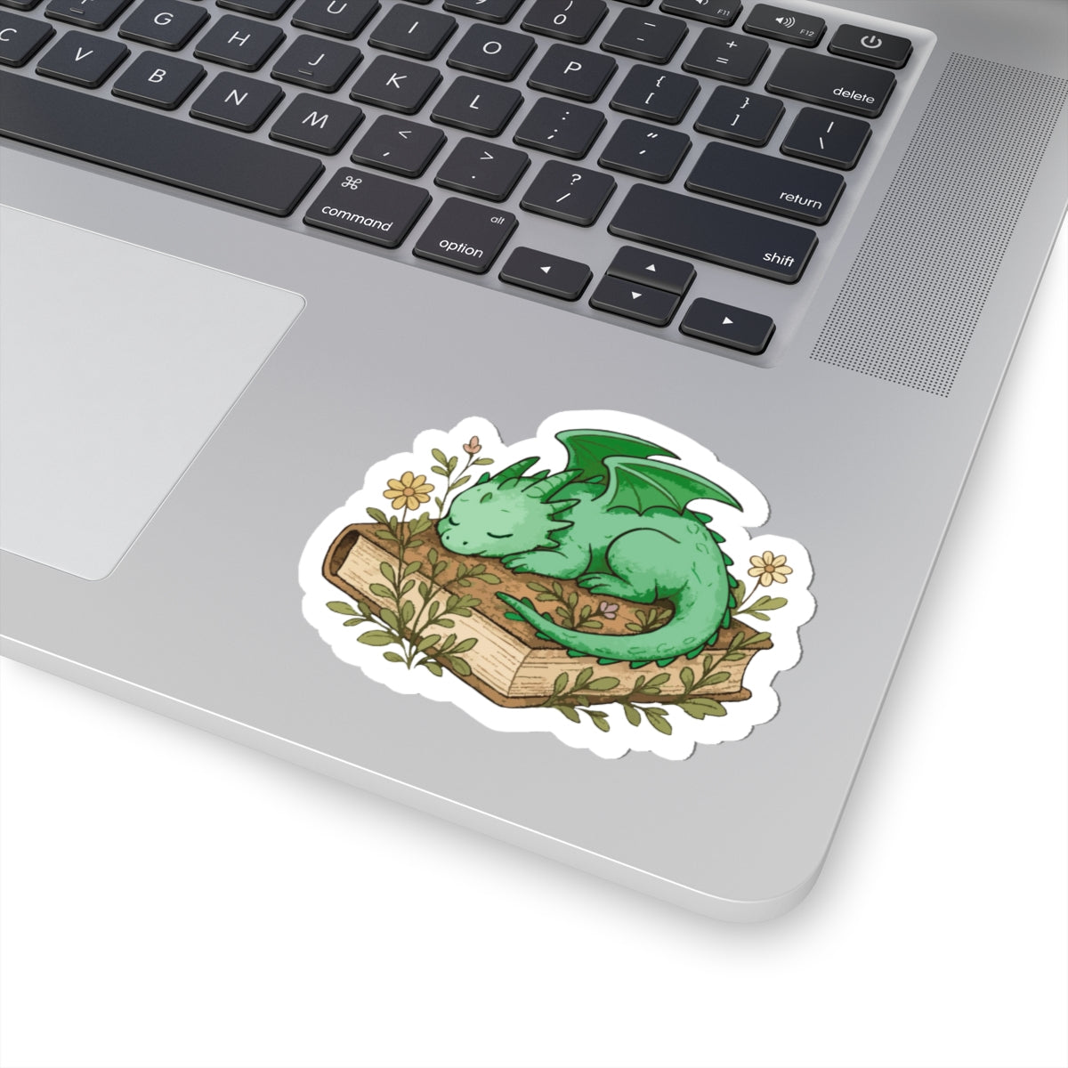 Sleeping Dragon Sticker — Cute Green Dragon on Vintage Book Sticker