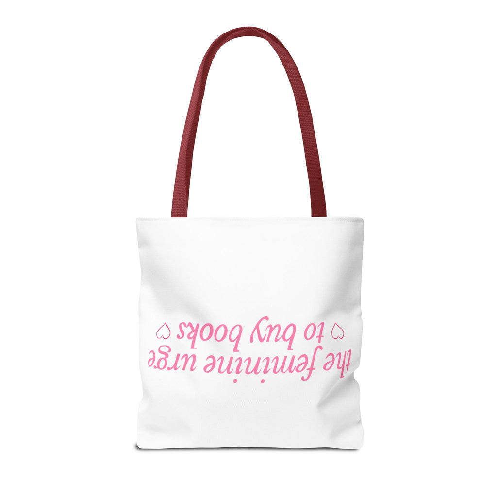 Book Lover Tote Bag — “the feminine urge to buy books” Pink Script