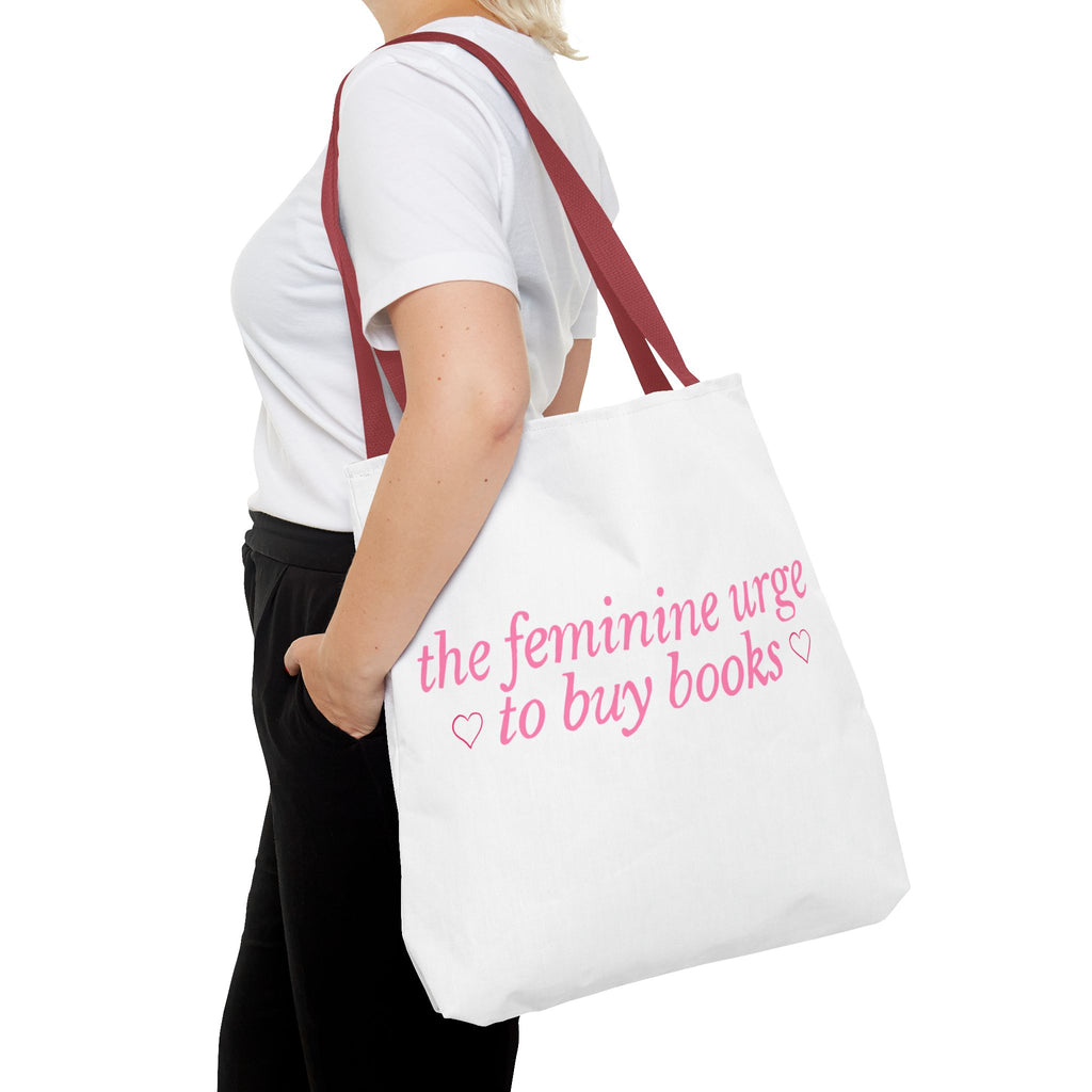 Book Lover Tote Bag — “the feminine urge to buy books” Pink Script
