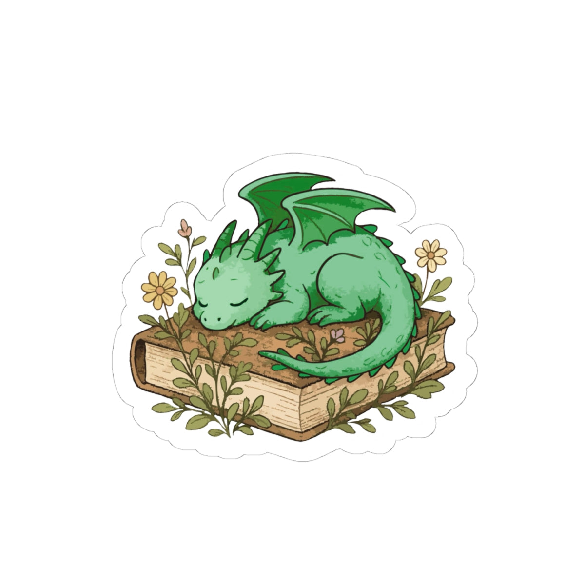 Sleeping Dragon Sticker — Cute Green Dragon on Vintage Book Sticker