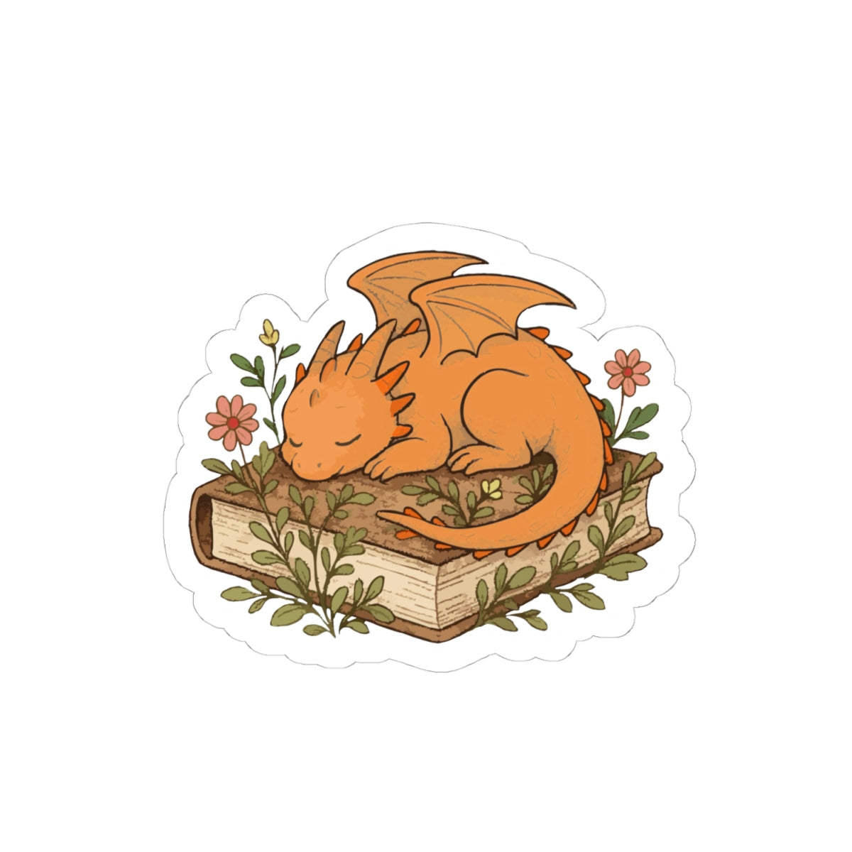 Sleeping Dragon Sticker — Cute Orange Dragon Napping on Book, Cozy Fantasy Laptop Decals
