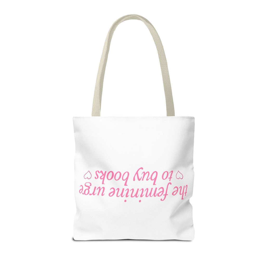 Book Lover Tote Bag — “the feminine urge to buy books” Pink Script