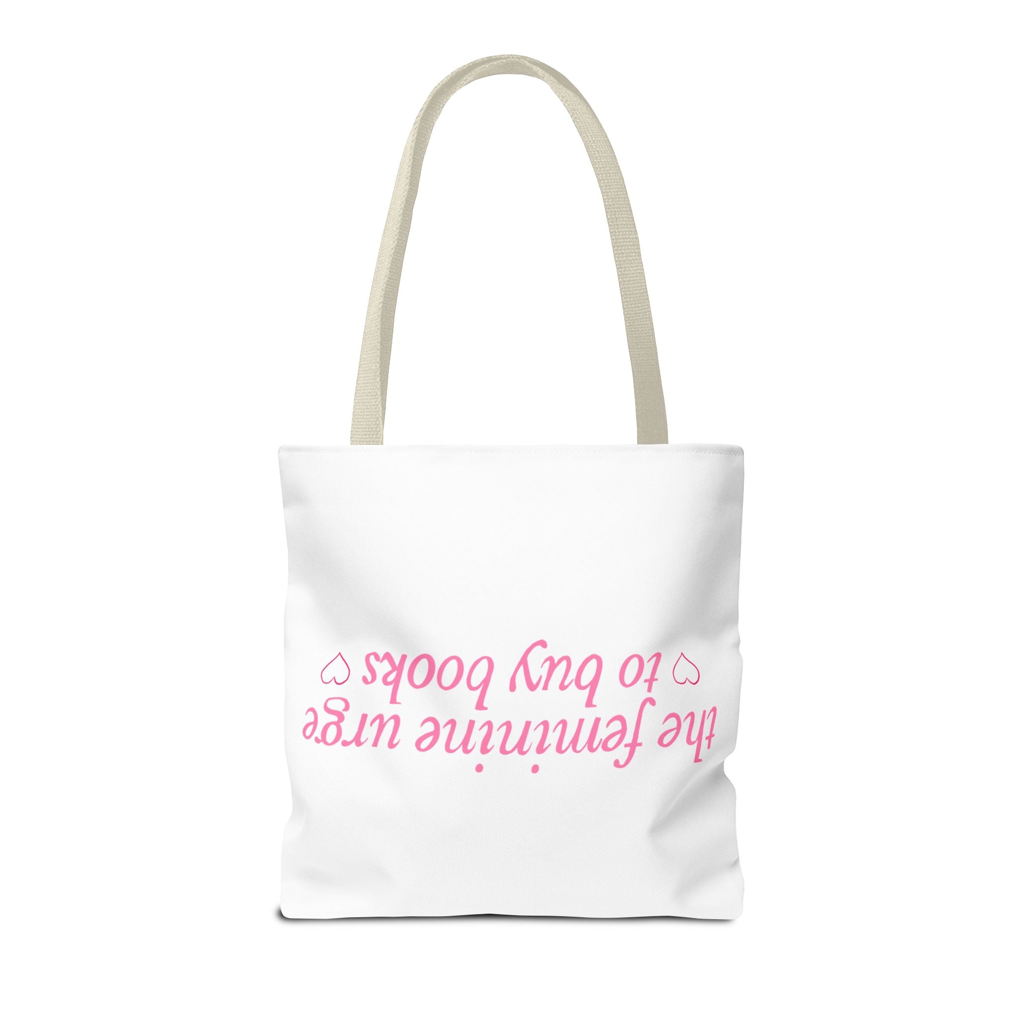 Book Lover Tote Bag — “the feminine urge to buy books” Pink Script