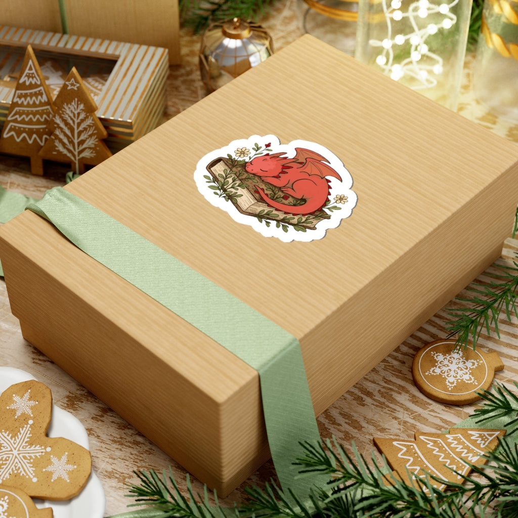 Sleeping Dragon on Books Stickers — Cute Red Dragon for Laptops, Journals & Gifts