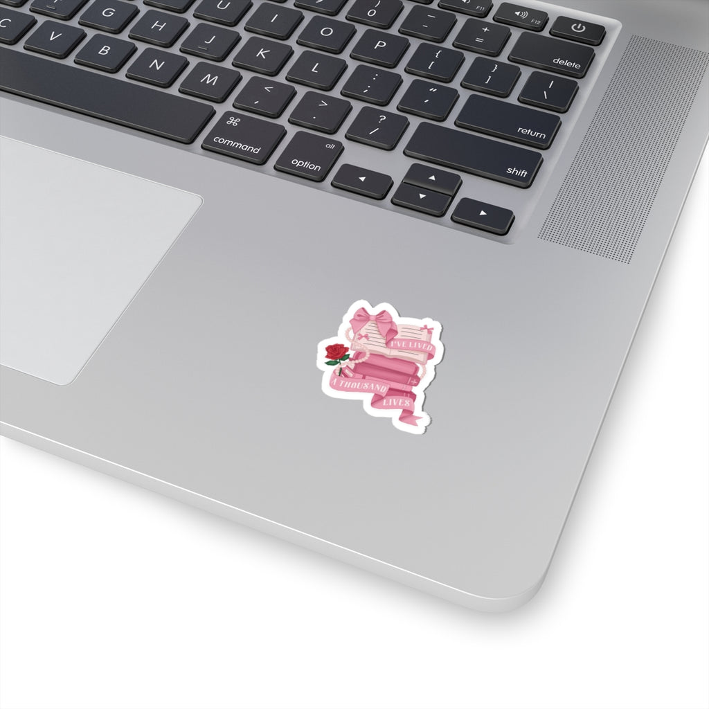 Book Lover Sticker Pink Stack with Rose & “I’ve Lived a Thousand Lives” Ribbon Decal