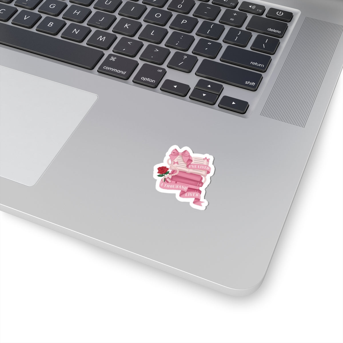 Book Lover Sticker Pink Stack with Rose & “I’ve Lived a Thousand Lives” Ribbon Decal