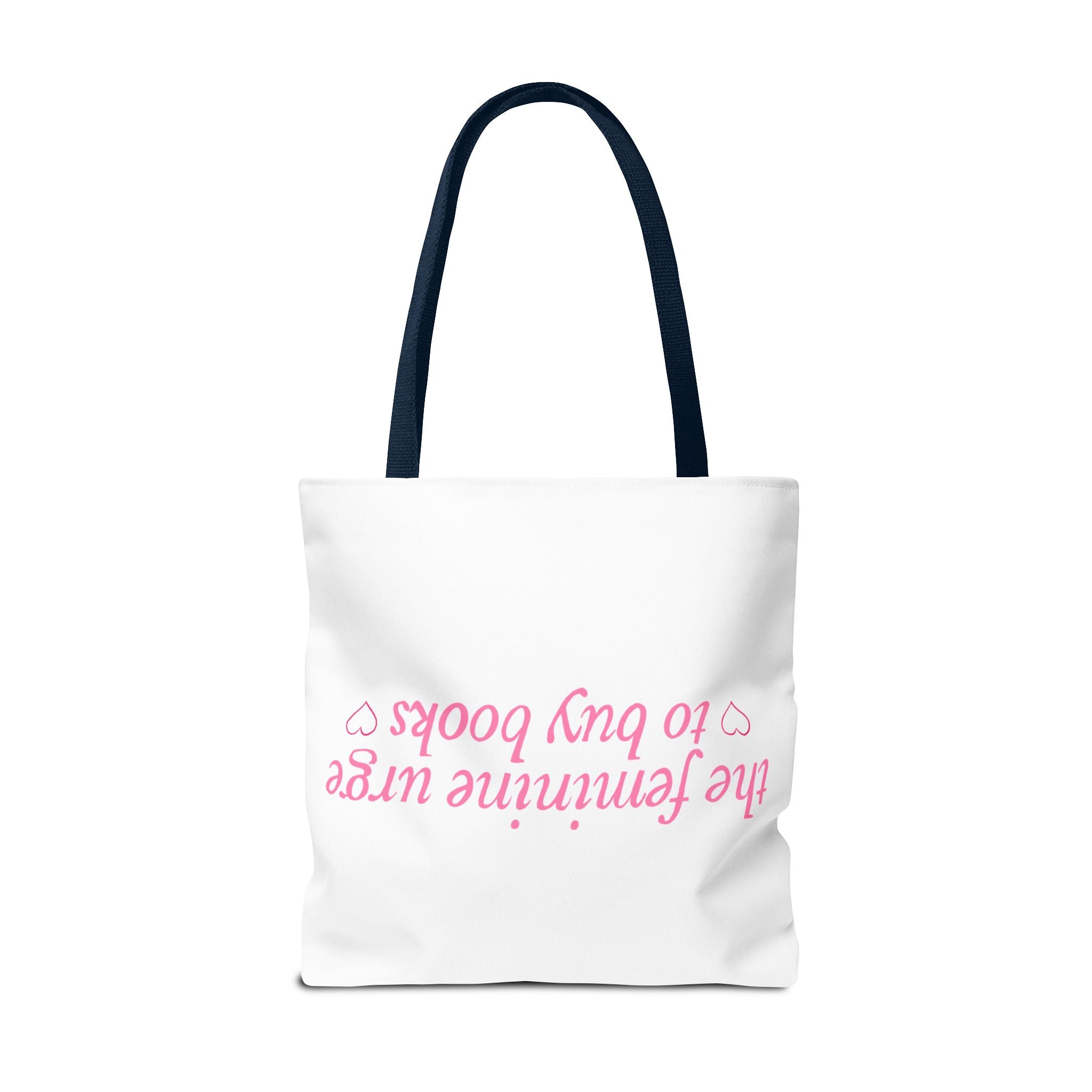 Book Lover Tote Bag — “the feminine urge to buy books” Pink Script
