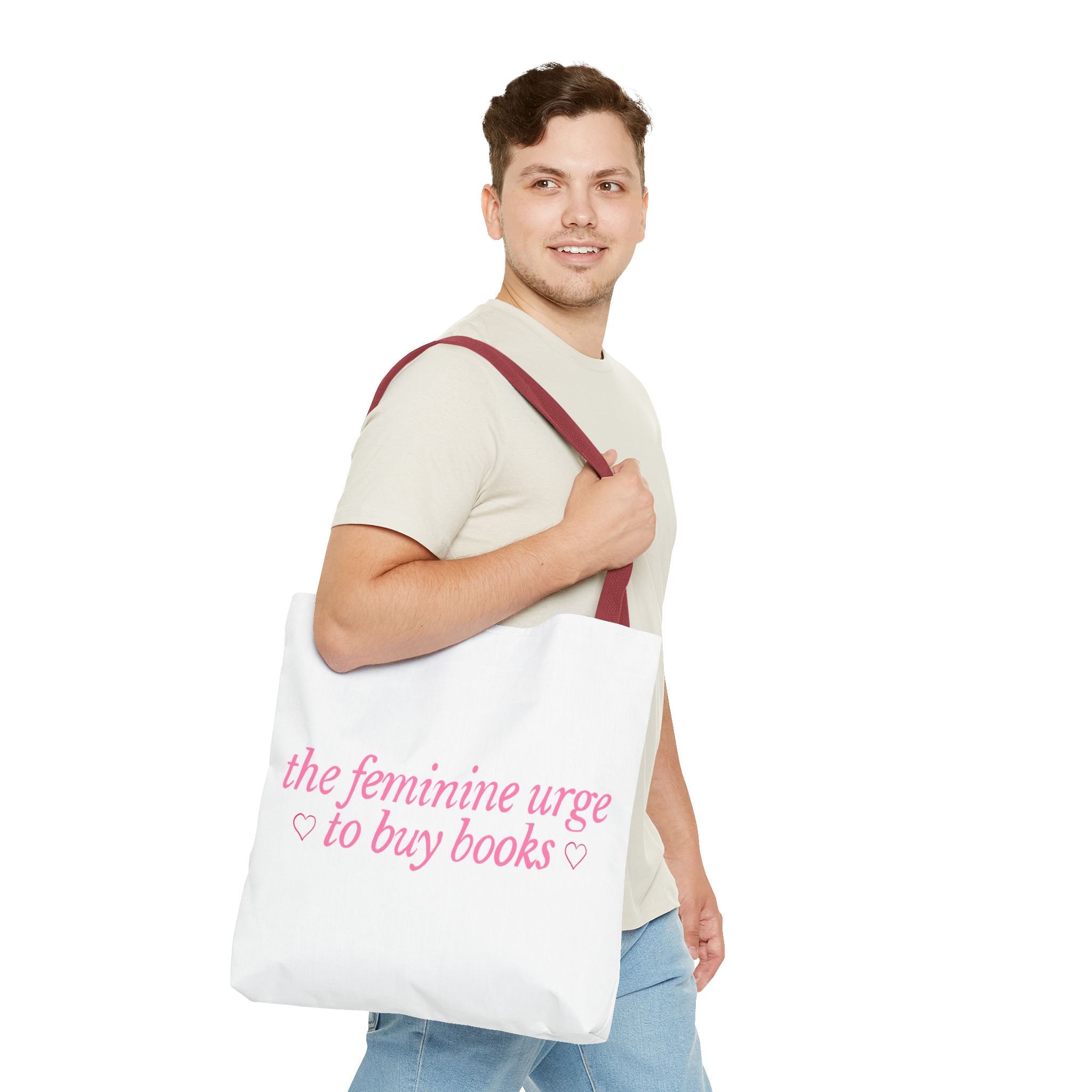 Book Lover Tote Bag — “the feminine urge to buy books” Pink Script