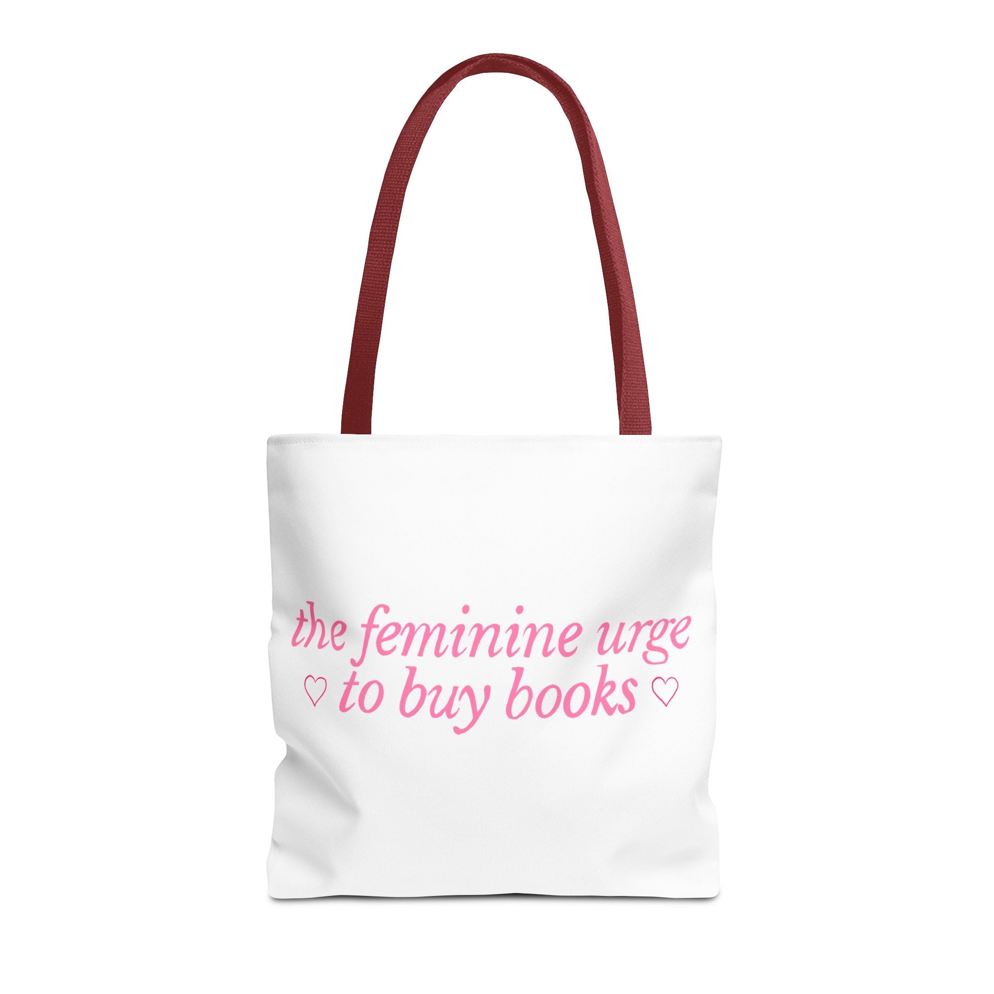 Book Lover Tote Bag — “the feminine urge to buy books” Pink Script