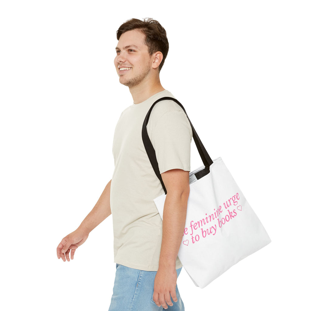 Book Lover Tote Bag — “the feminine urge to buy books” Pink Script