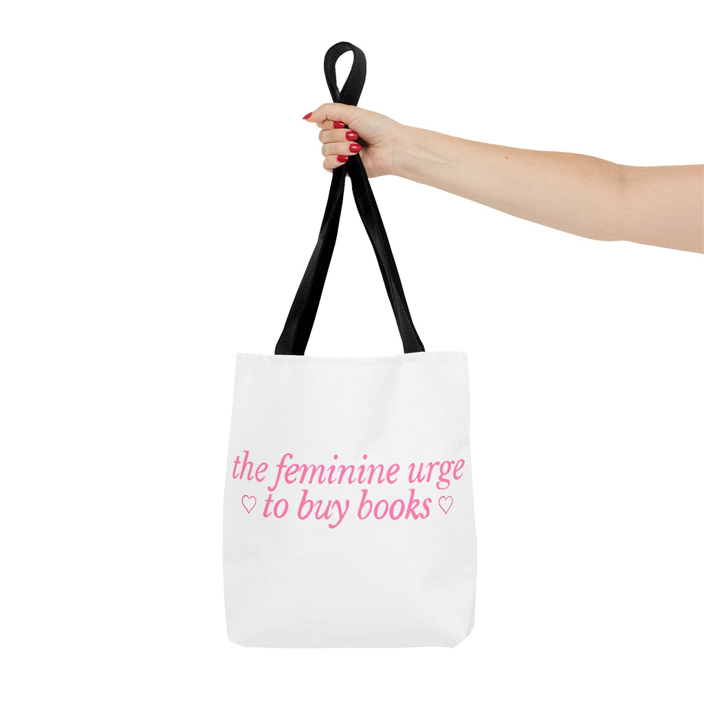 Book Lover Tote Bag — “the feminine urge to buy books” Pink Script