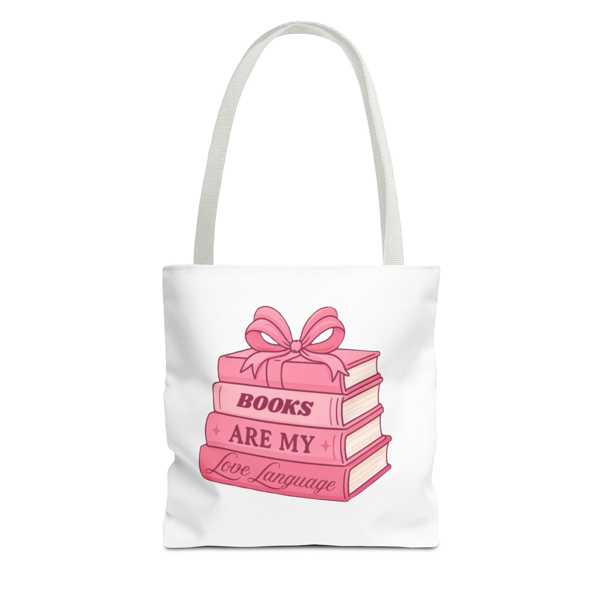 Books Are My Love Language Tote Bag — Cute Pink Stack of Books AOP Tote