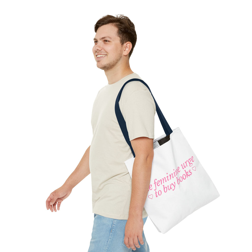 Book Lover Tote Bag — “the feminine urge to buy books” Pink Script