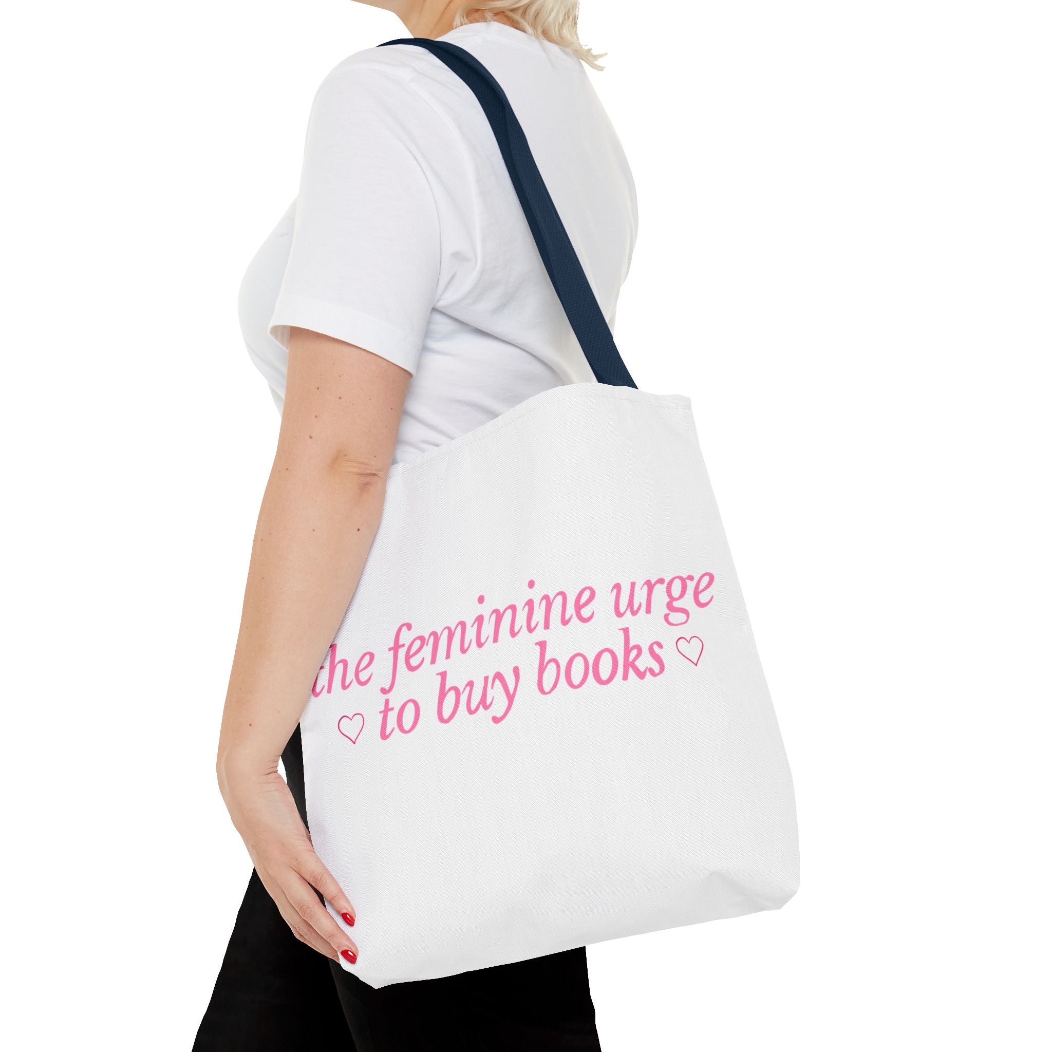Book Lover Tote Bag — “the feminine urge to buy books” Pink Script