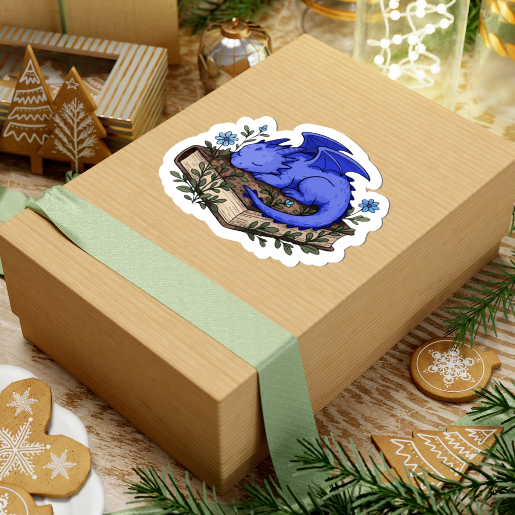 Sleeping Blue Dragon Sticker on Books — Cute Fantasy Bookish Vinyl