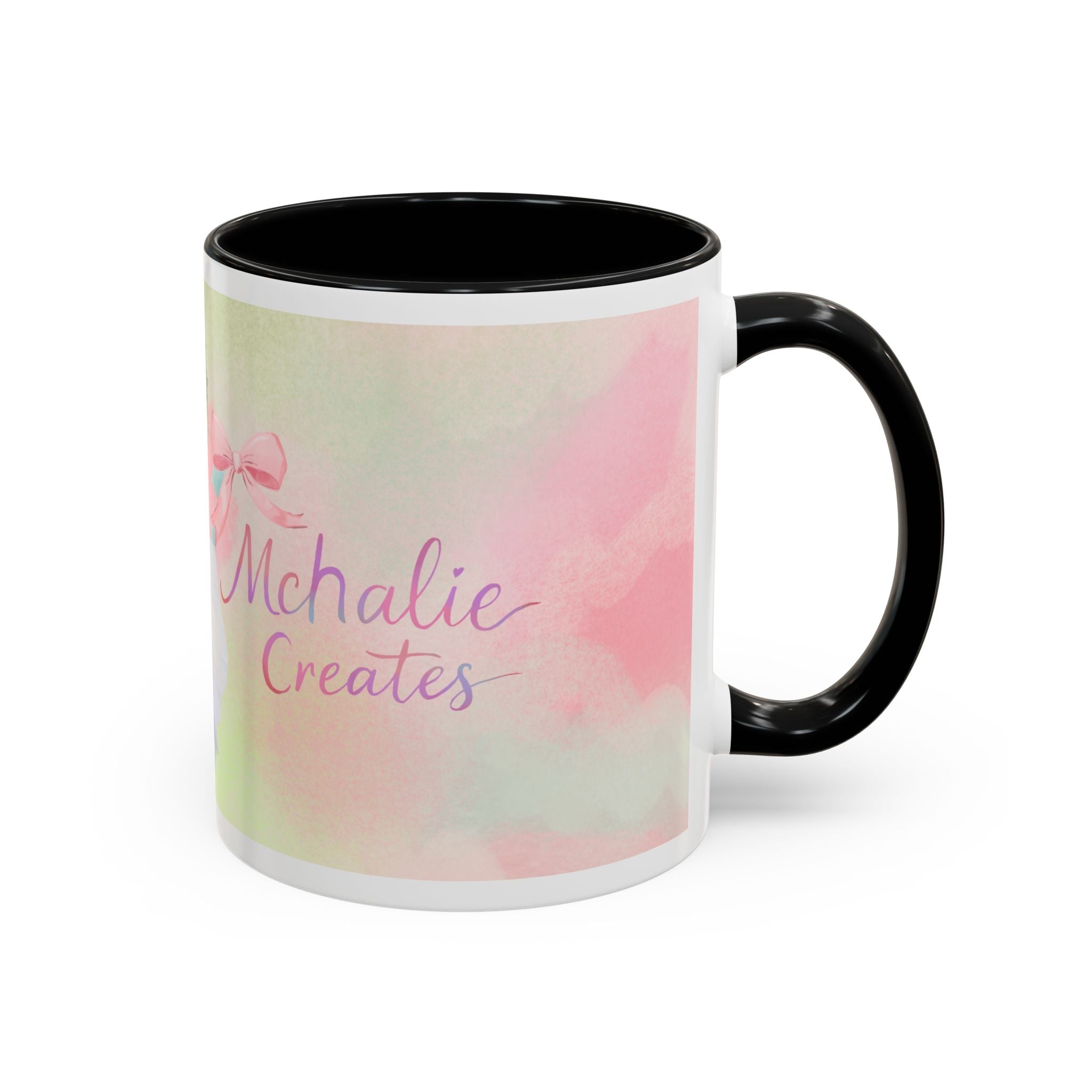 Pastel Floral Accent Coffee Mug — "Mchalie Creates" Artist Logo