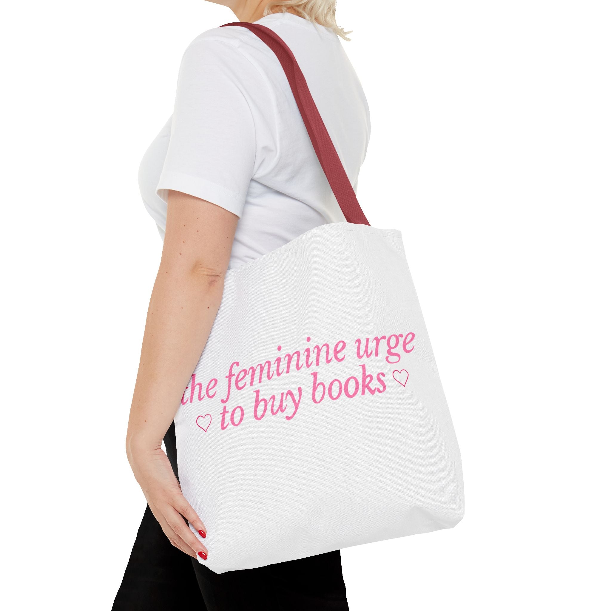 Book Lover Tote Bag — “the feminine urge to buy books” Pink Script