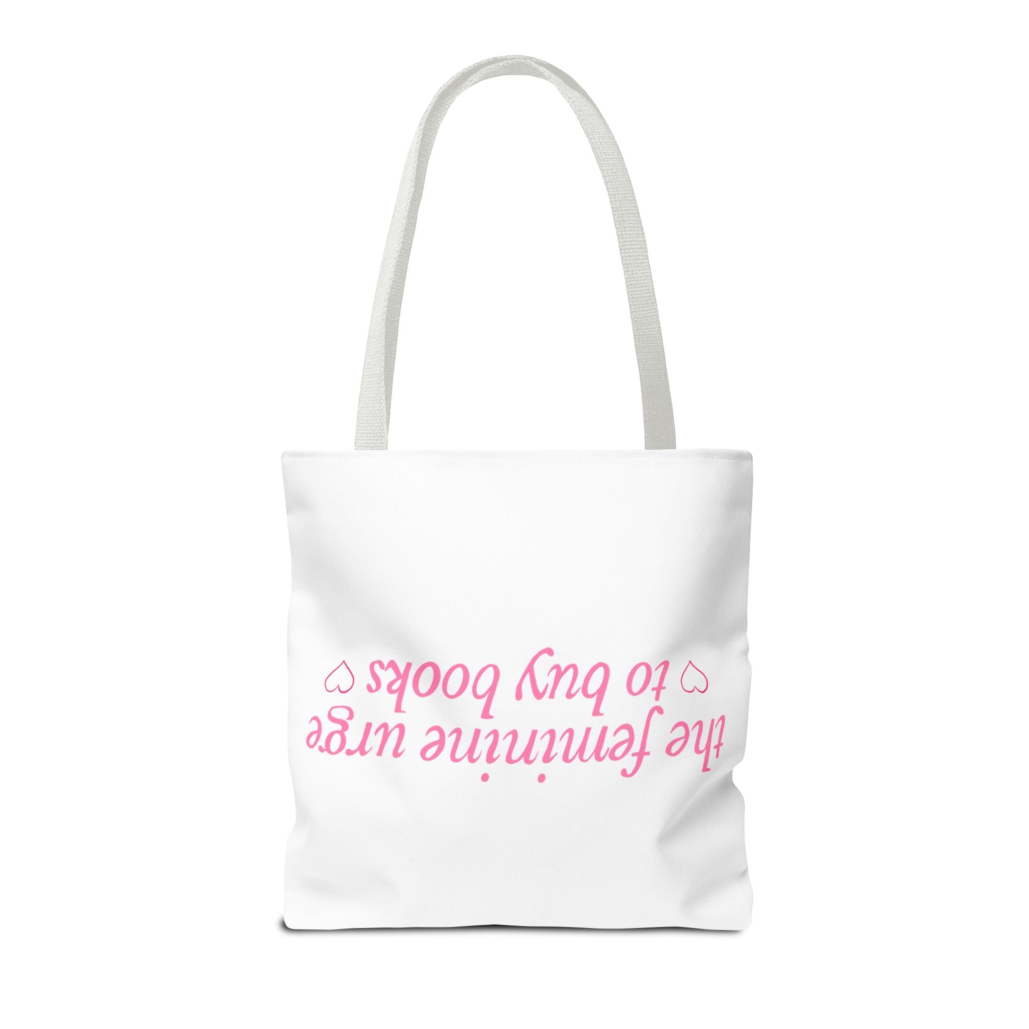 Book Lover Tote Bag — “the feminine urge to buy books” Pink Script